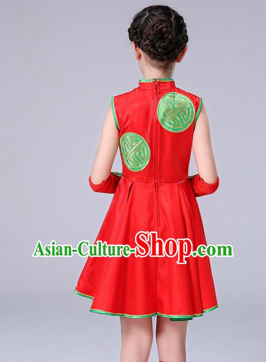 Chinese Folk Dance Costumes Girl Drum Dance Red Dress Yangge Performance Clothing Children Yangko Dance Uniforms