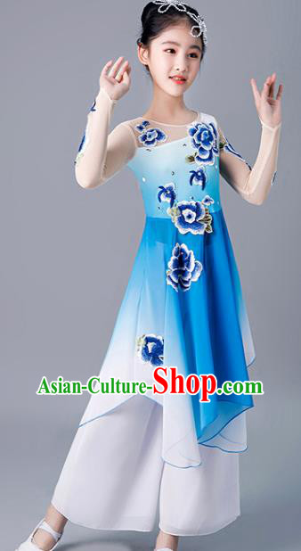 China Stage Performance Dancewear Girl Umbrella Dance Clothing Fan Dance Blue Uniforms Children Classical Dance Costumes