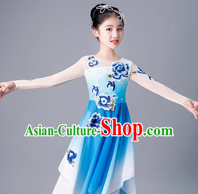 China Stage Performance Dancewear Girl Umbrella Dance Clothing Fan Dance Blue Uniforms Children Classical Dance Costumes