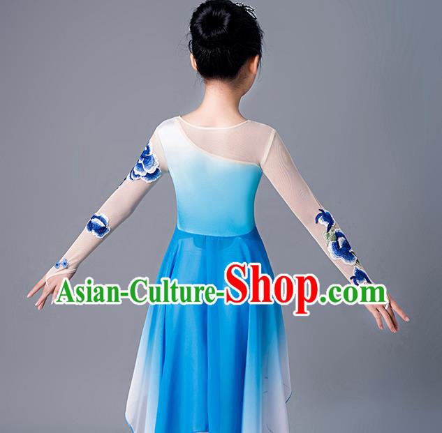 China Stage Performance Dancewear Girl Umbrella Dance Clothing Fan Dance Blue Uniforms Children Classical Dance Costumes