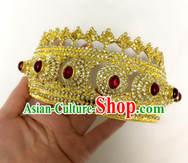 Asian Stage Performance Hair Accessories Thailand Queen Golden Royal Crown Folk Dance Tiara Headpiece