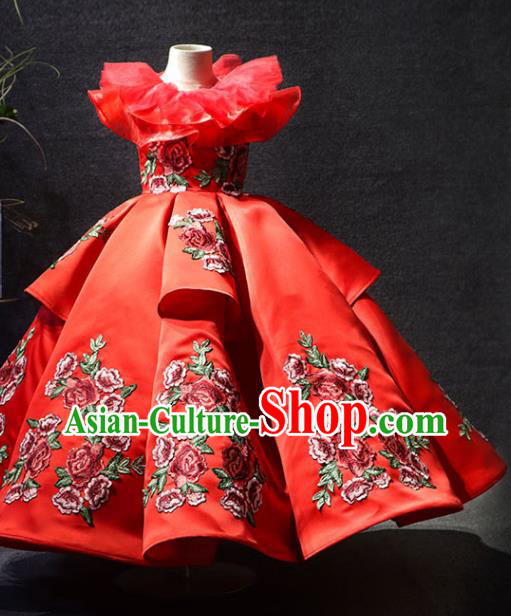 Top Girl Compere Formal Garment Catwalks Embroidered Red Full Dress Christmas Evening Wear Children Stage Show Clothing