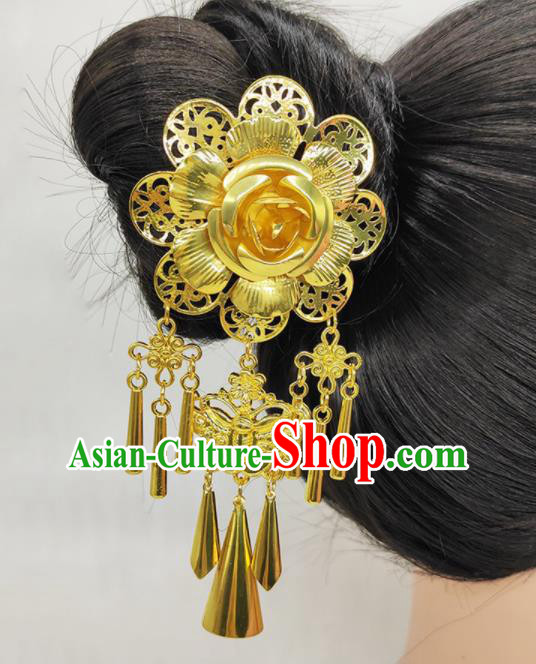 Handmade Chinese Yunnan Minority Folk Dance Golden Peony Tassel Hairpin Ethnic Hair Accessories Dai Nationality Wedding Hair Stick