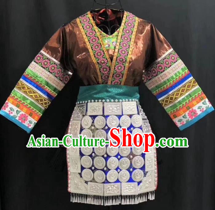 Chinese Minority Performance Brown Short Dress Outfits Dong Nationality Folk Dance Clothing Guizhou Ethnic Festival Garments