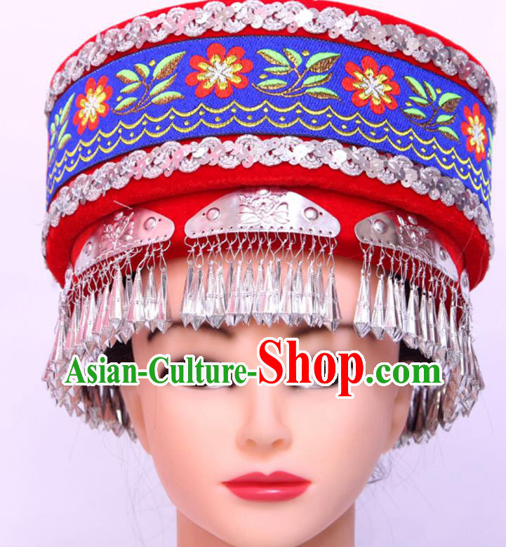 Chinese Yi Nationality Performance Red Hat Tujia Minority Folk Dance Headdress Handmade Ethnic Woman Festival Headpiece