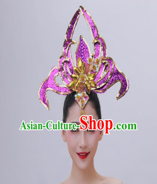 Chinese Modern Dance Purple Sequins Hair Crown Opening Dance Hair Accessories Spring Festival Gala Performance Headpiece
