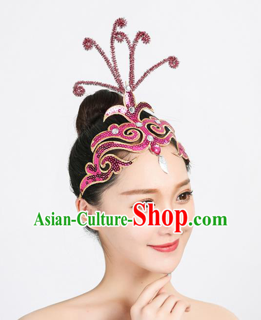 Chinese Woman Group Dance Hair Accessories Yangko Dance Headpiece Folk Dance Rosy Sequins Hair Crown