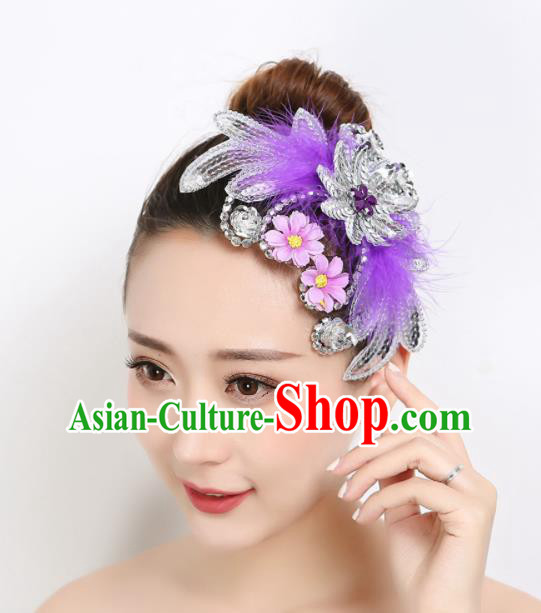 Chinese Dai Nationality Peacock Dance Purple Feather Hair Stick Folk Dance Hair Accessories Woman Stage Performance Headpiece