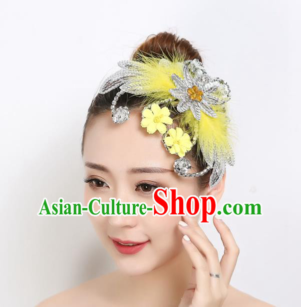 Chinese Woman Peacock Dance Yellow Feather Headpiece Dai Nationality Folk Dance Hair Stick Stage Performance Hair Accessories