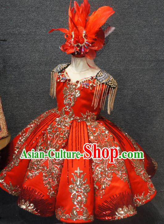 Top Christmas Baroque Princess Evening Wear Children Compere Clothing Girl Stage Show Formal Garment Catwalks Red Long Dress