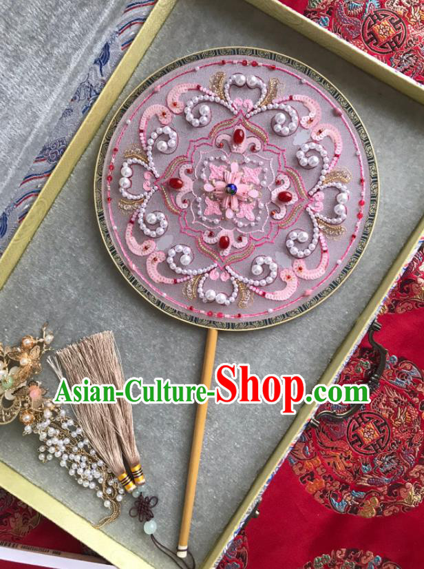 China Wedding Circular Fan Traditional Bride Pink Palace Fan Handmade Hanfu Fans