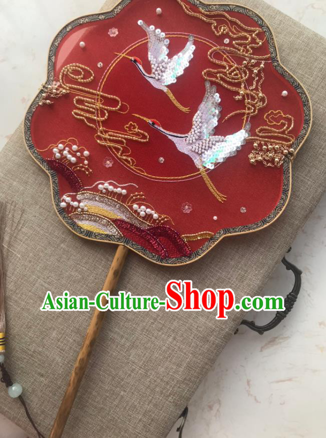 China Traditional Bride Red Silk Palace Fan Handmade Hanfu Fans Wedding Embroidered Crane Fan