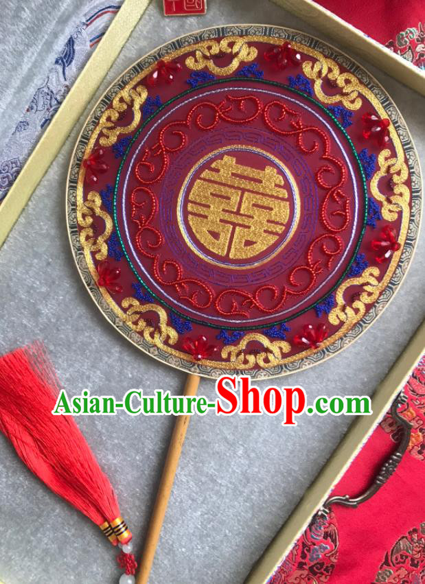 China Handmade Hanfu Dance Circular Fans Wedding Embroidered Fan Traditional Bride Red Silk Palace Fan