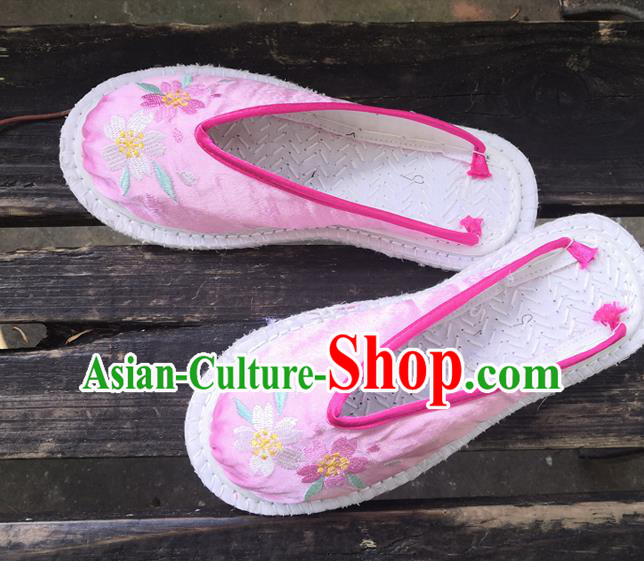 Chinese Woman Strong Cloth Slippers National Pink Satin Shoes Handmade Embroidery Shoes