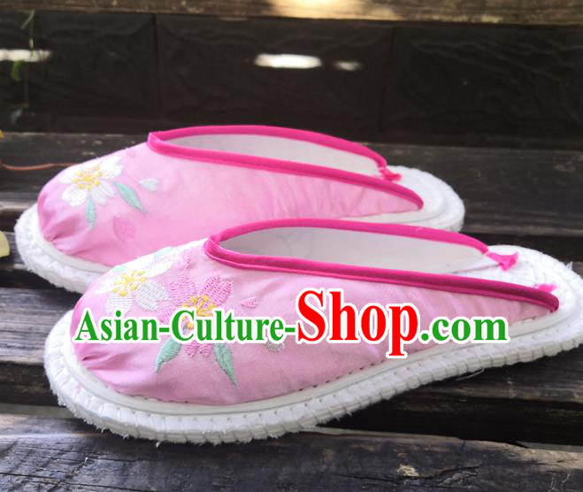 Chinese Woman Strong Cloth Slippers National Pink Satin Shoes Handmade Embroidery Shoes