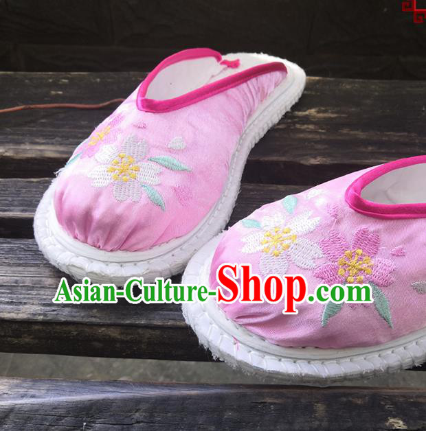 Chinese Woman Strong Cloth Slippers National Pink Satin Shoes Handmade Embroidery Shoes