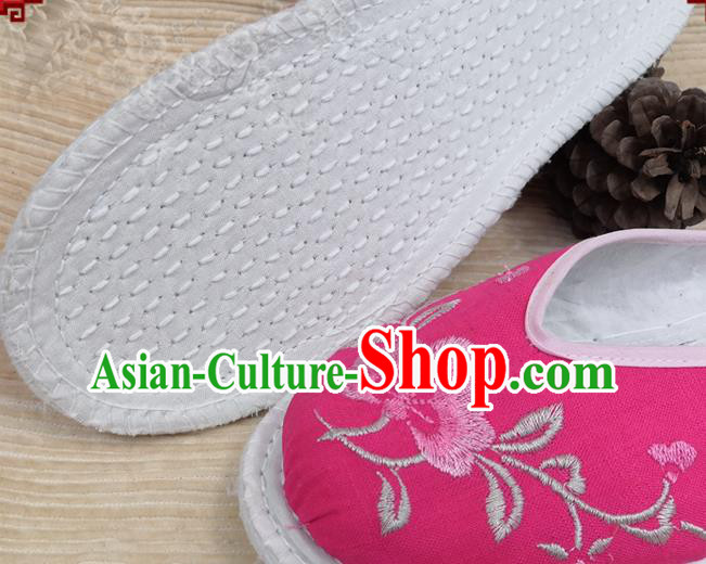Chinese Woman Strong Cloth Slippers National Rosy Flax Shoes Handmade Embroidery Flowers Shoes