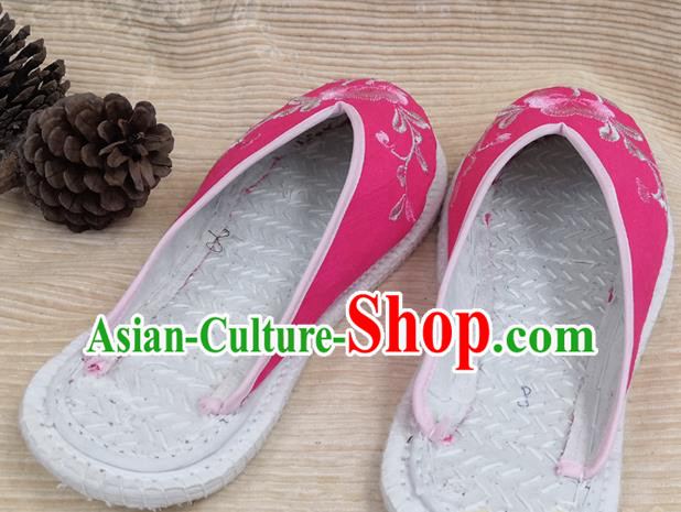 Chinese Woman Strong Cloth Slippers National Rosy Flax Shoes Handmade Embroidery Flowers Shoes