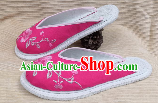 Chinese Woman Strong Cloth Slippers National Rosy Flax Shoes Handmade Embroidery Flowers Shoes
