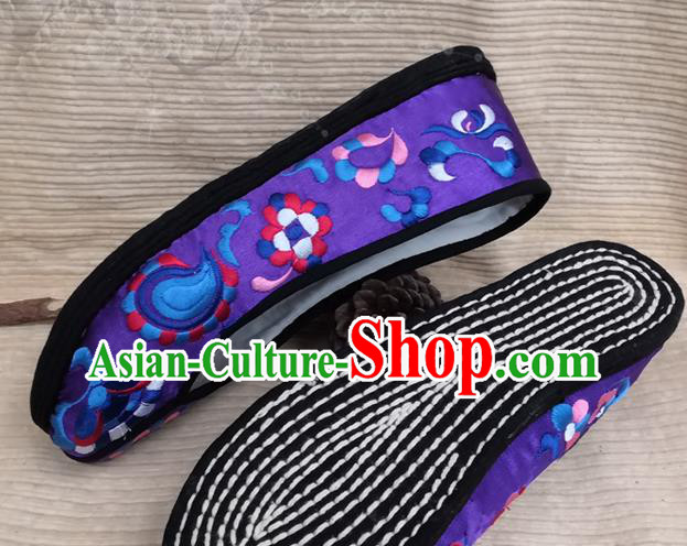 Handmade China Yunnan Embroidered Shoes Ethnic Folk Dance Shoes National Woman Royalblue Satin Shoes