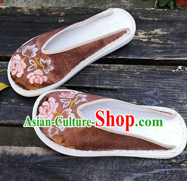 Chinese Handmade Embroidery Shoes Woman Strong Cloth Slippers National Brown Satin Shoes