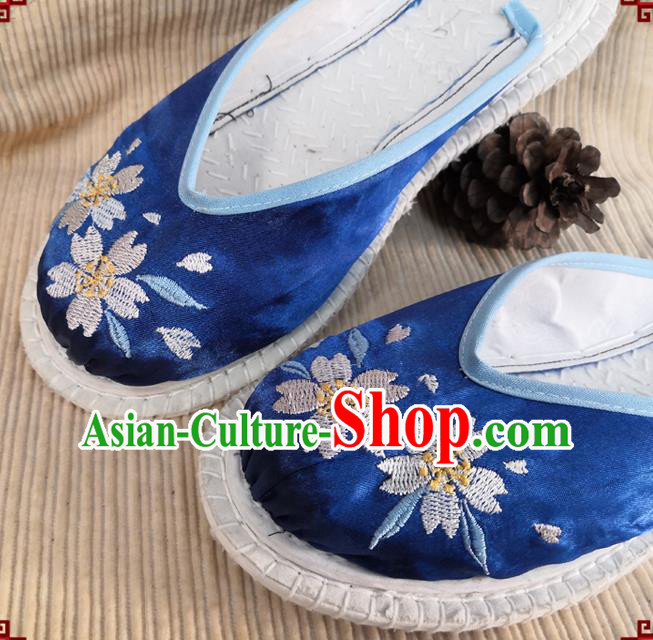 Chinese National Royalblue Satin Shoes Handmade Embroidery Shoes Woman Strong Cloth Slippers