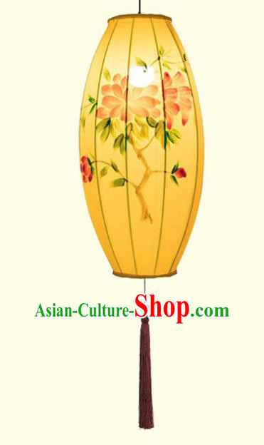 China Handmade Painting Peony Lantern Classical Yellow Cloth Lamp Traditional Festival Hanging Lanterns
