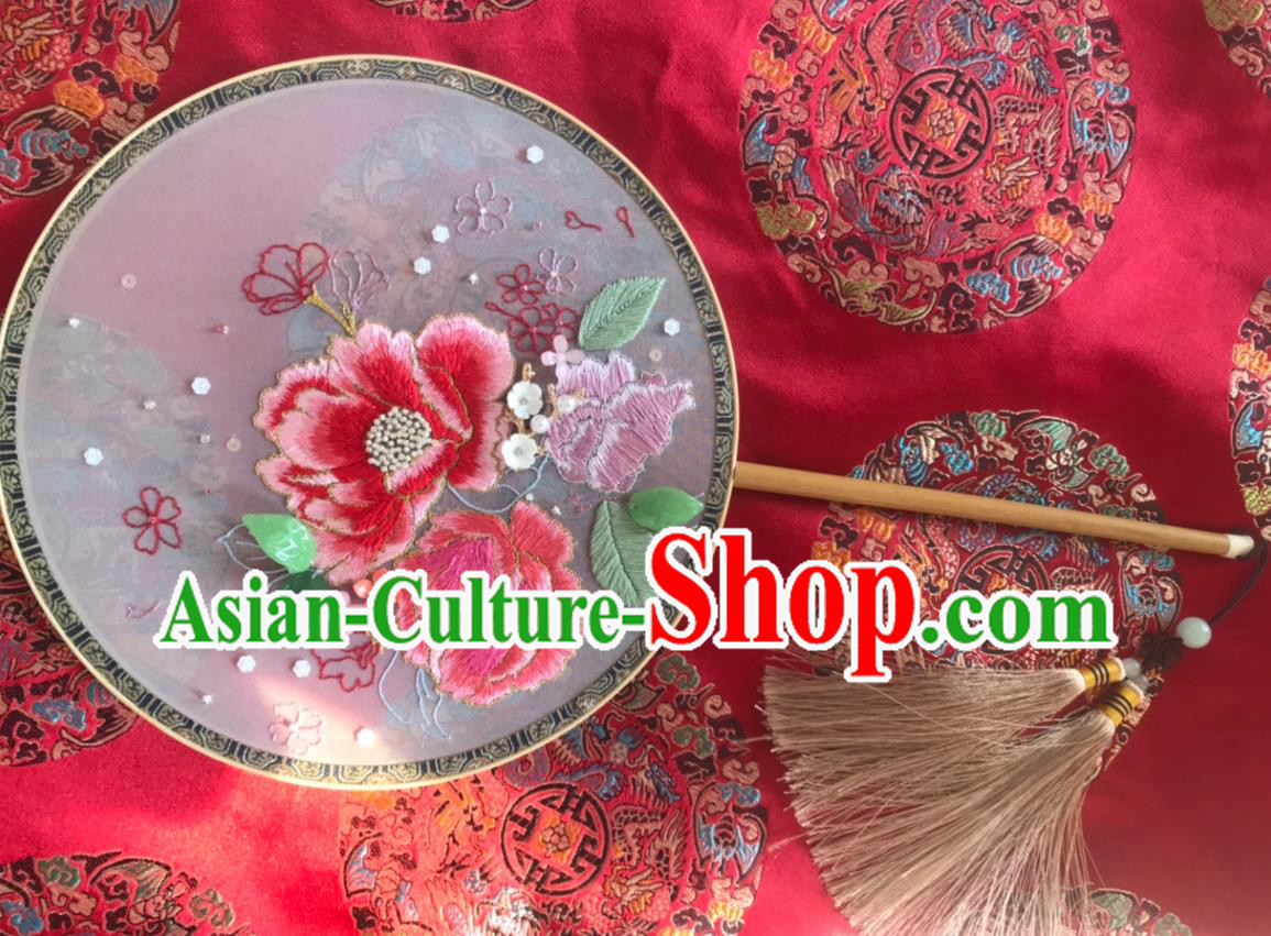 China Handmade Bride Silk Palace Fan Traditional Hanfu Dance Fans Wedding Embroidered Peony Fan