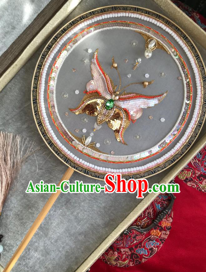 China Traditional Hanfu Dance Circular Fans Wedding Embroidered Sequins Butterfly Fan Handmade Bride Silk Palace Fan