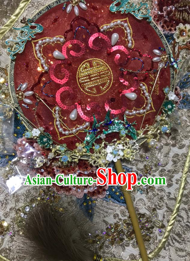 China Handmade Bride Red Silk Palace Fan Traditional Hanfu Dance Circular Fans Wedding Embroidered Pearls Fan