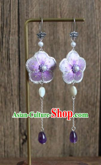 China Handmade Silver Ear Accessories Suzhou Embroidered Sakura Purple Earrings National Cheongsam Ear Jewelry