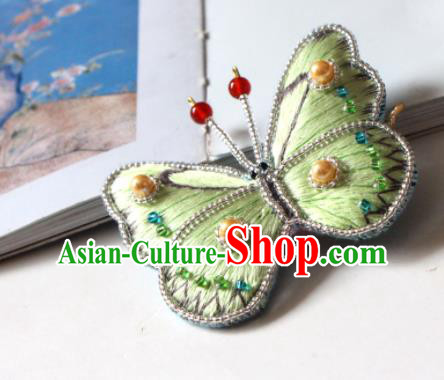 Handmade China Embroidered Green Butterfly Hair Stick Classical Qipao Pearls Hair Accessories