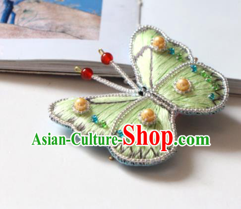 Handmade China Embroidered Green Butterfly Hair Stick Classical Qipao Pearls Hair Accessories
