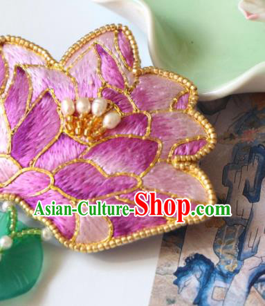 Handmade China Embroidered Lotus Pink Brooch Classical Jade Leaf Tassel Breastpin Accessories
