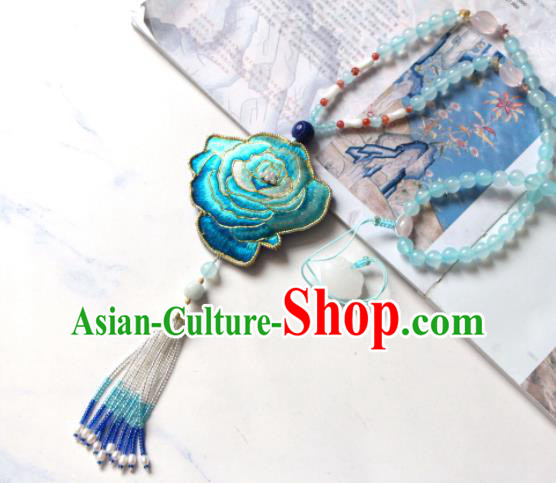 Handmade China Embroidered Blue Rose Necklet Classical Pearls Tassel Necklace Accessories