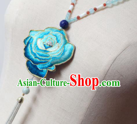 Handmade China Embroidered Blue Rose Necklet Classical Pearls Tassel Necklace Accessories