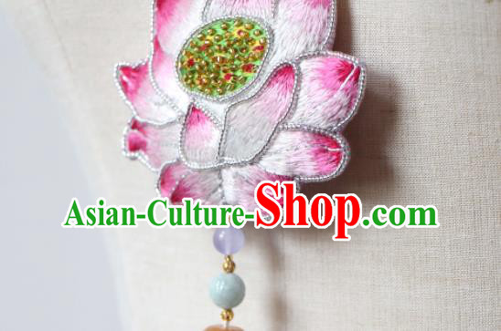 Handmade China Classical Garnet Beads Tassel Necklace Accessories Embroidered Pink Lotus Necklet