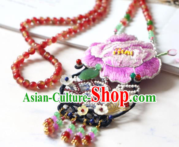 Handmade China Embroidered Purple Peony Necklet Classical Qipao Tassel Necklace Accessories