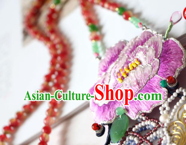 Handmade China Embroidered Purple Peony Necklet Classical Qipao Tassel Necklace Accessories