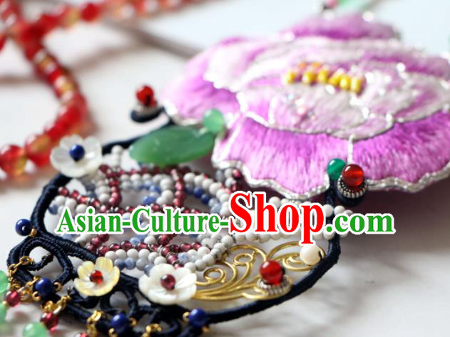 Handmade China Embroidered Purple Peony Necklet Classical Qipao Tassel Necklace Accessories