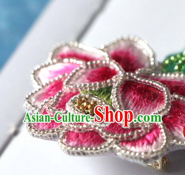 Handmade China Classical Qipao Jade Lotus Leaf Brooch Accessories Embroidered Pink Breastpin