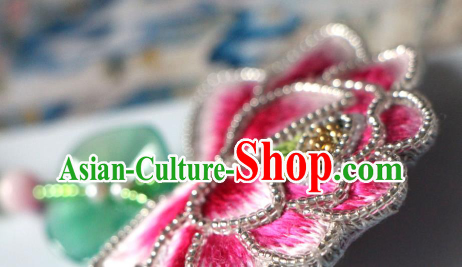 Handmade China Classical Qipao Jade Lotus Leaf Brooch Accessories Embroidered Pink Breastpin