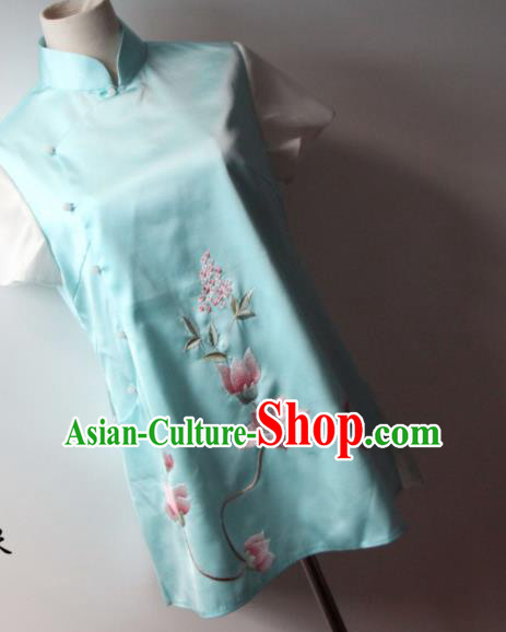 Chinese National Blue Silk Waistcoat Traditional Tang Suit Upper Outer Garment Suzhou Embroidered Lotus Vest