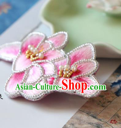 Handmade China Embroidered Pink Mangnolia Hair Claw Classical Qipao Pearls Hair Stick Accessories