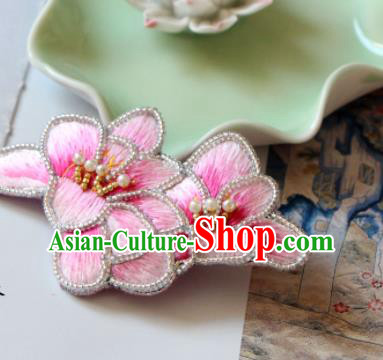 Handmade China Embroidered Pink Mangnolia Hair Claw Classical Qipao Pearls Hair Stick Accessories