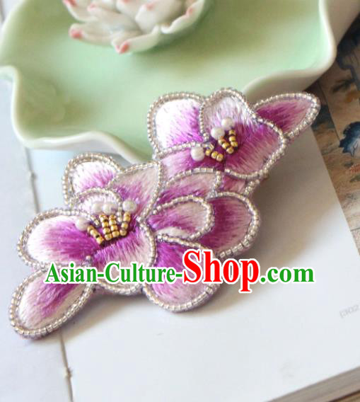 Handmade China Classical Qipao Pearls Hair Stick Accessories Embroidered Purple Mangnolia Hair Claw