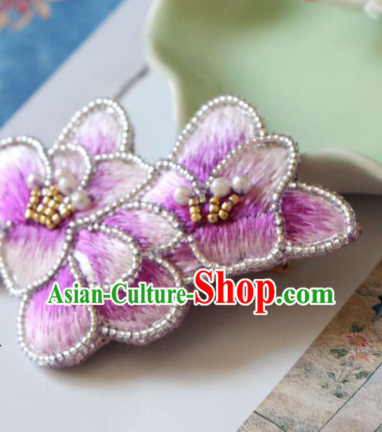 Handmade China Classical Qipao Pearls Hair Stick Accessories Embroidered Purple Mangnolia Hair Claw