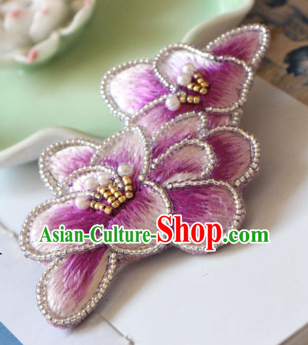Handmade China Classical Qipao Pearls Hair Stick Accessories Embroidered Purple Mangnolia Hair Claw