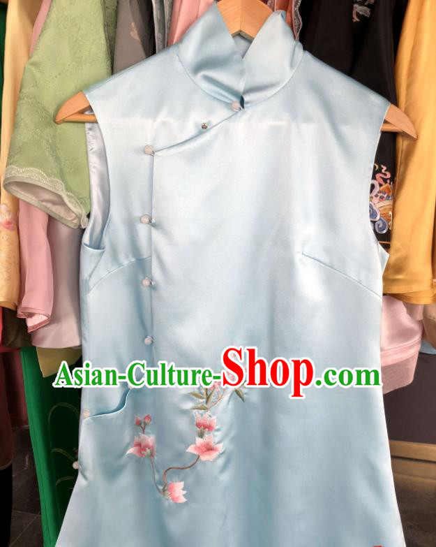 Chinese Suzhou Embroidered Flowers Vest National Blue Silk Waistcoat Traditional Tang Suit Upper Outer Garment