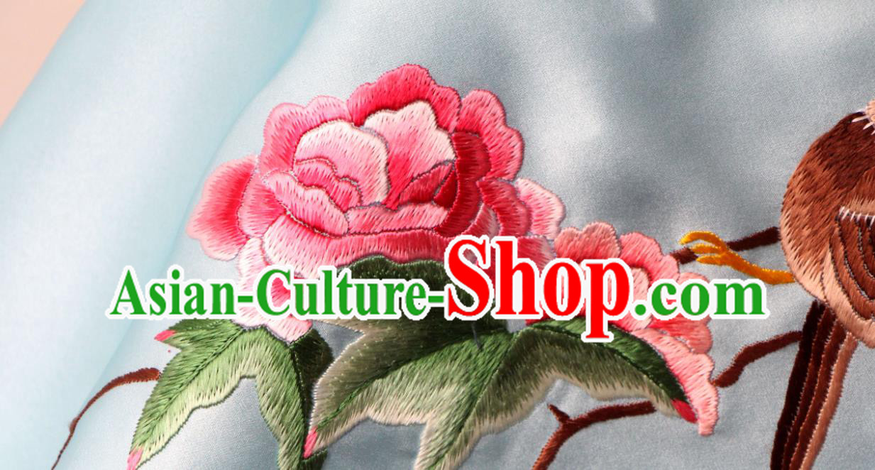 Chinese Traditional Cheongsam Undergarment Suzhou Embroidered Peony Bird Stomachers Clothing National Blue Silk Bellyband
